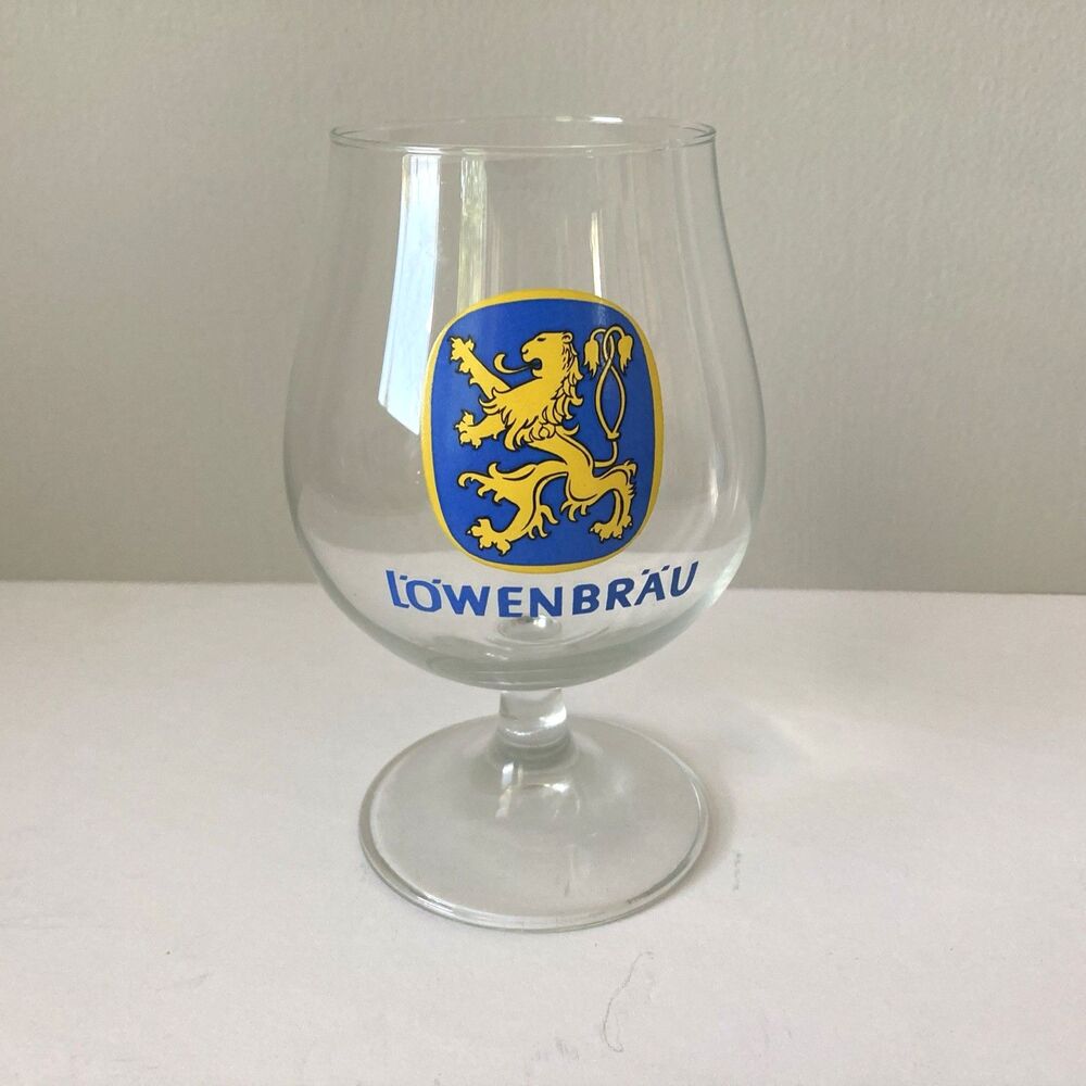 Lowenbrau Munchen Tulip Stemmed Beer Glass Blue & Yellow Germany